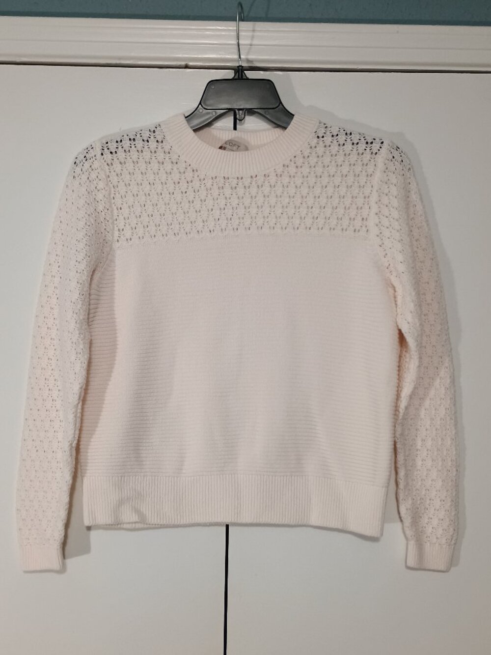 LOFT Women’s Large Ivory Pointelle Open Knit Crew Neck Sweater - Picture 2 of 8